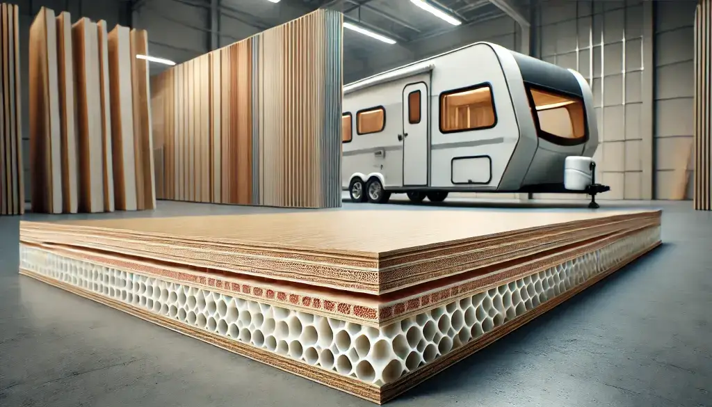 Pannello sandwich multistrato con anima a nido d'ape in primo piano e caravan sullo sfondo in ambiente industriale.